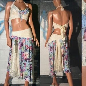OOAK Recycled Ivory Lace Floral Halter Top/Skirt Boho Shabby Gyspy Festival 2pc